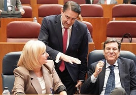 El consejero de Medio Ambiente, Vivienda y Ordenación del Territorio Juan Carlos Suárez-Quiñones conversa con la consejera de Industria Leticia García y el consejero de Economía y portavoz de la Junta Carlos Fernández Carriedo en el Pleno de las Cortes.