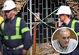 Mina de Cerredo tras el accidente del 31 de marzo. En pequeño, el jefe de sección de Seguridad Minera del Principado de Asturias, Alberto Quirino Vázquez.