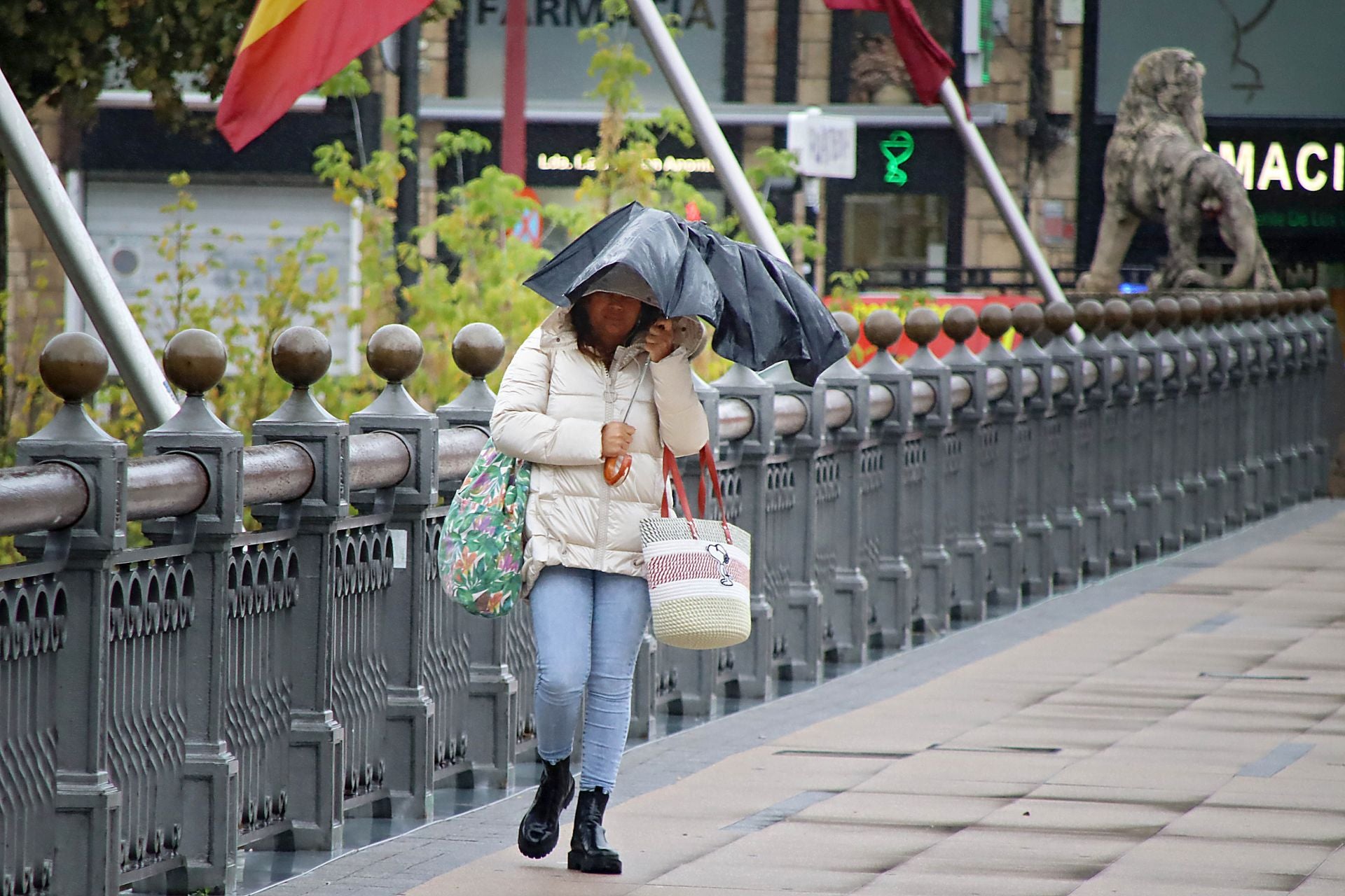 Una mujer lucha contra el viento y la lluvia al cruzar el Puente de los Leones en octubre de 2024, durante el paso de la borrasca Kirk.