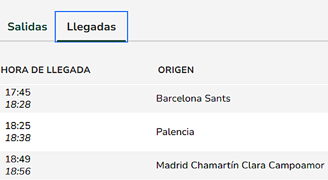 Captura de pantallas de los horarios habituales y los previos -en cursiva- en la web de Adif.