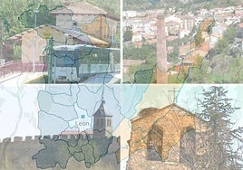 Imágenes de Matallana de Torío, Cistierna, Mansilla de las Mulas y Valdepolo -de arriba a abajo e izquierda a derecha-; cuatro de los seis nuevos municipios de la AUF de León -en transparencia sobre ellos-.