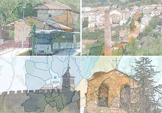 Imágenes de Matallana de Torío, Cistierna, Mansilla de las Mulas y Valdepolo -de arriba a abajo e izquierda a derecha-; cuatro de los seis nuevos municipios de la AUF de León -en transparencia sobre ellos-.