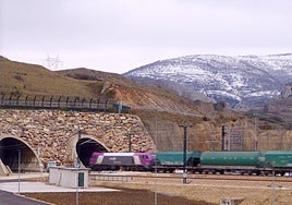 Un mercancías entrando al túnel de la variante.
