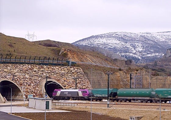 Un mercancías entrando al túnel de la variante.