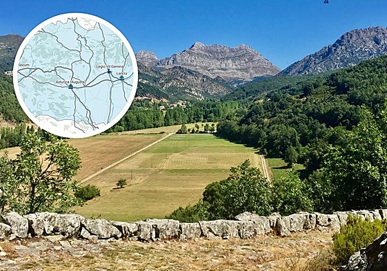 Una calzada romana en Crémenes y un detalle del mapa de las vías romanas en la provincia de León.