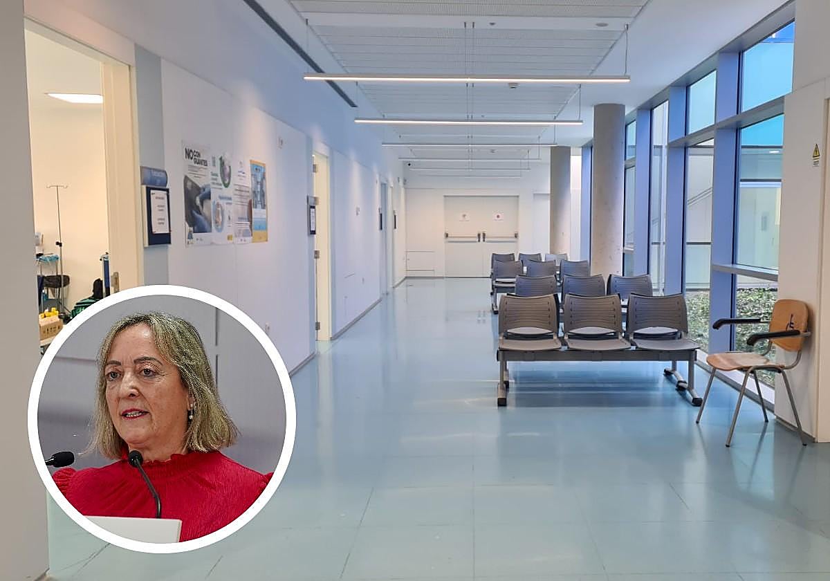 Sala de espera del centro de salud; en pequeño, la paciente María Luisa Fernández.