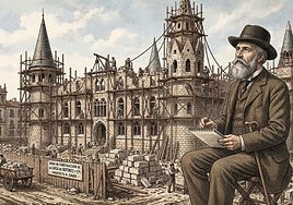 Gaudí en la construcción de Botines en un dibujo realizado con IA.