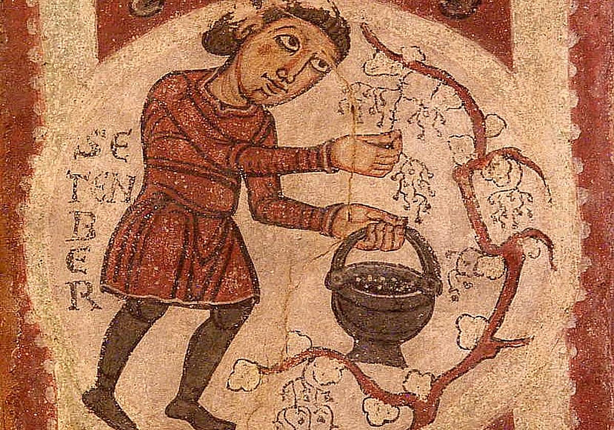 Fresco de San Isidoro que recoge la vendimia en el mes de septiembre.