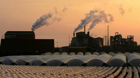 Invernaderos que contienen fresas, al lado de una fábrica petroquímica en Palos de la Frontera. 
