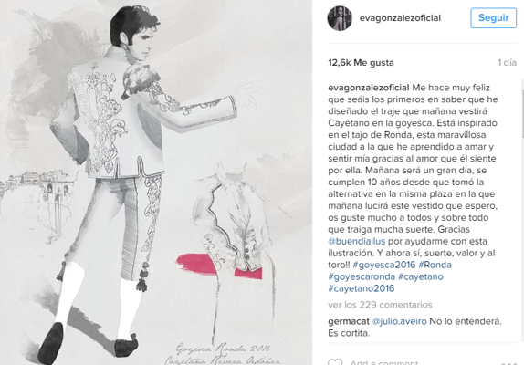 El boceto del traje de luces diseñado por Eva González.