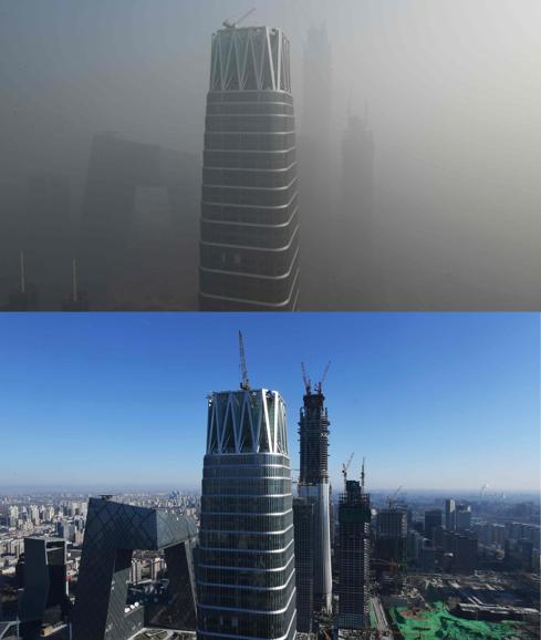 En la imagen superior, Pekín el 1 de enero de 2017, en la inferior, en un día claro de diciembre de 2016. 