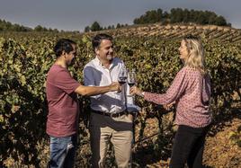 Carlos Ferreiro, David Sáenz de Ojer y Stephanie Abel, en el viñedo