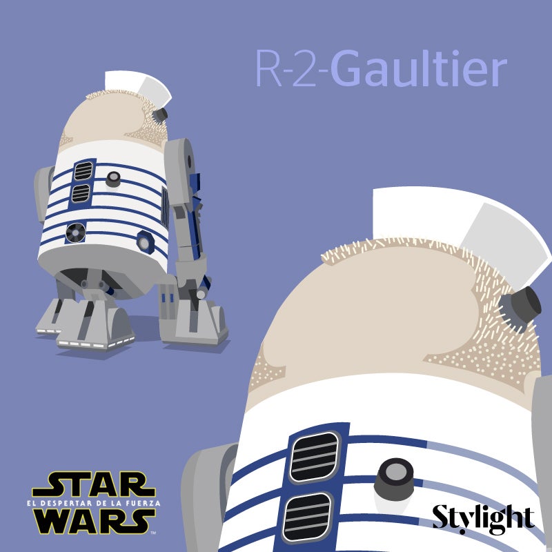 El droide R2-D2 es uno de los pocos personajes de Star Wars que ha aparecido en las 7 películas y que seguiremos viendo en 'El despertar de la fuerza'. Conociendo su característico aspecto blanco y azul, lo mezclamos con el diseñador de moda francés Jean Paul Gaultier. ¡El robot con más estilo!