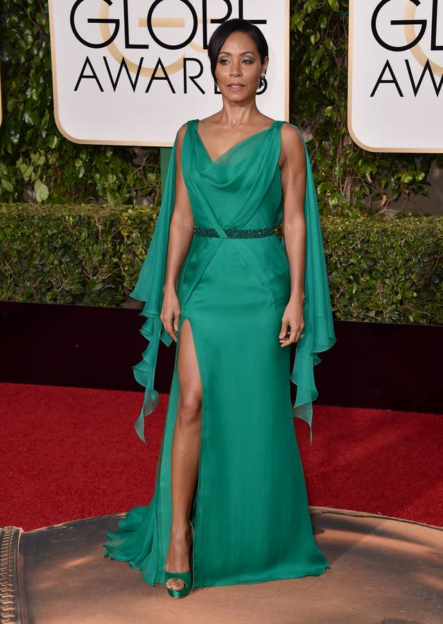 La actriz Jada Pinkett Smith apostó todo al verde para acudir a la 73º edición de los Globos de Oro.