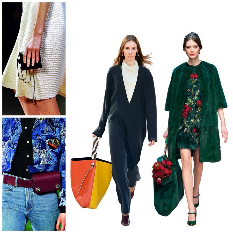 ¿Quieres meterlo todo, absolutamente todo, en el bolso? Los maxibolsos de la temporada te lo ponen fácil: tienen talla casi de maleta. ¿Prefieres llevar solo lo imprescindible? Pues estás de enhorabuena, porque los mini siguen de moda y vienen en otros formatos, como para llevar a la cintura. Celine, Dolce & Gabbana.