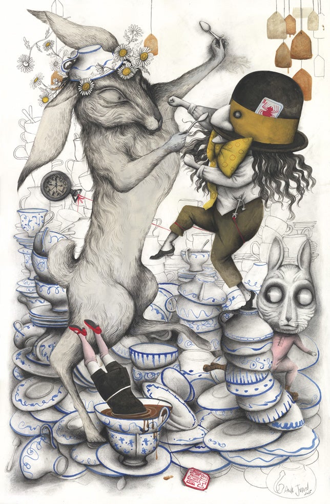 La fiesta del té de 'Alicia en el país de las maravillas' queda representada en esta ilustración que se expone en el Museo ABC.