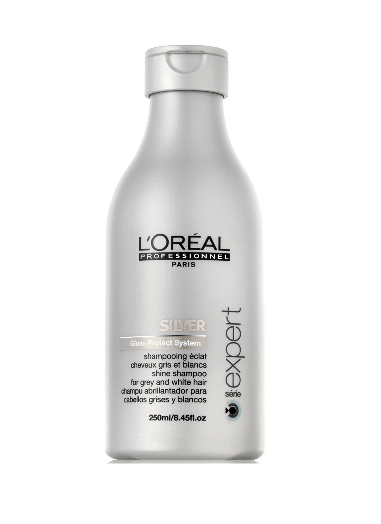 Para cabellos grises y blancos. Acción neutralizante de los reflejos amarillos. Brillo de los cabellos grises y blancos. (Precio: 14,30€).