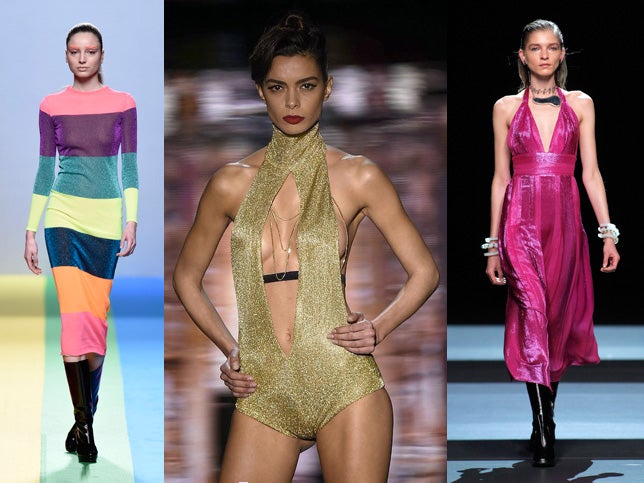 En vestidos, tops o bodies aparece esta fibra brillante para aportar fantasía a nuestro armario. María Escoté, Andrés Sardá y Juan Vidal apuestan por piezas como estas en sus colecciones.