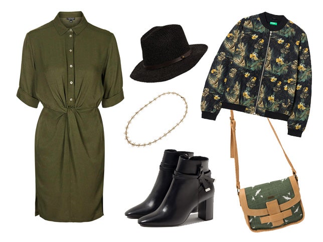 ¿Por qué no llevar la chaqueta de la temporada con un vestido? Te proponemos un modelo de atrevido estampado de Benetton (CPV) con un vestido camisero de Topshop (Precio: 50 euros), unos cómodos botines de Massimo Dutti (Precio: 125 euros) y un bolso bandolera de Erdem (Precio: 40 euros). Como accesorios, un collar de Aloló (CPV) y un sombrero de Highly Preppy (Precio: 79 euros).