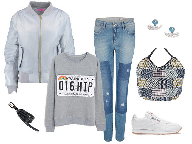 Si buscas comodidad 100%, en azul satinado puedes hacerte con una bomber de Boohoo (Precio: 30 euros) que puedes utilizar con unos jeans desgastados de Esprit (CPV), una sudadera de The Hip Tee (Precio: 85 euros), un cinturón de Molly Bracken (CPV), un par de Reebok classic (Precio: 80 euros), un bolso con motivos étnicos de Blanco (Precio: 25.99 euros) y unos pendientes de Meriko London (Precio: 125 euros).