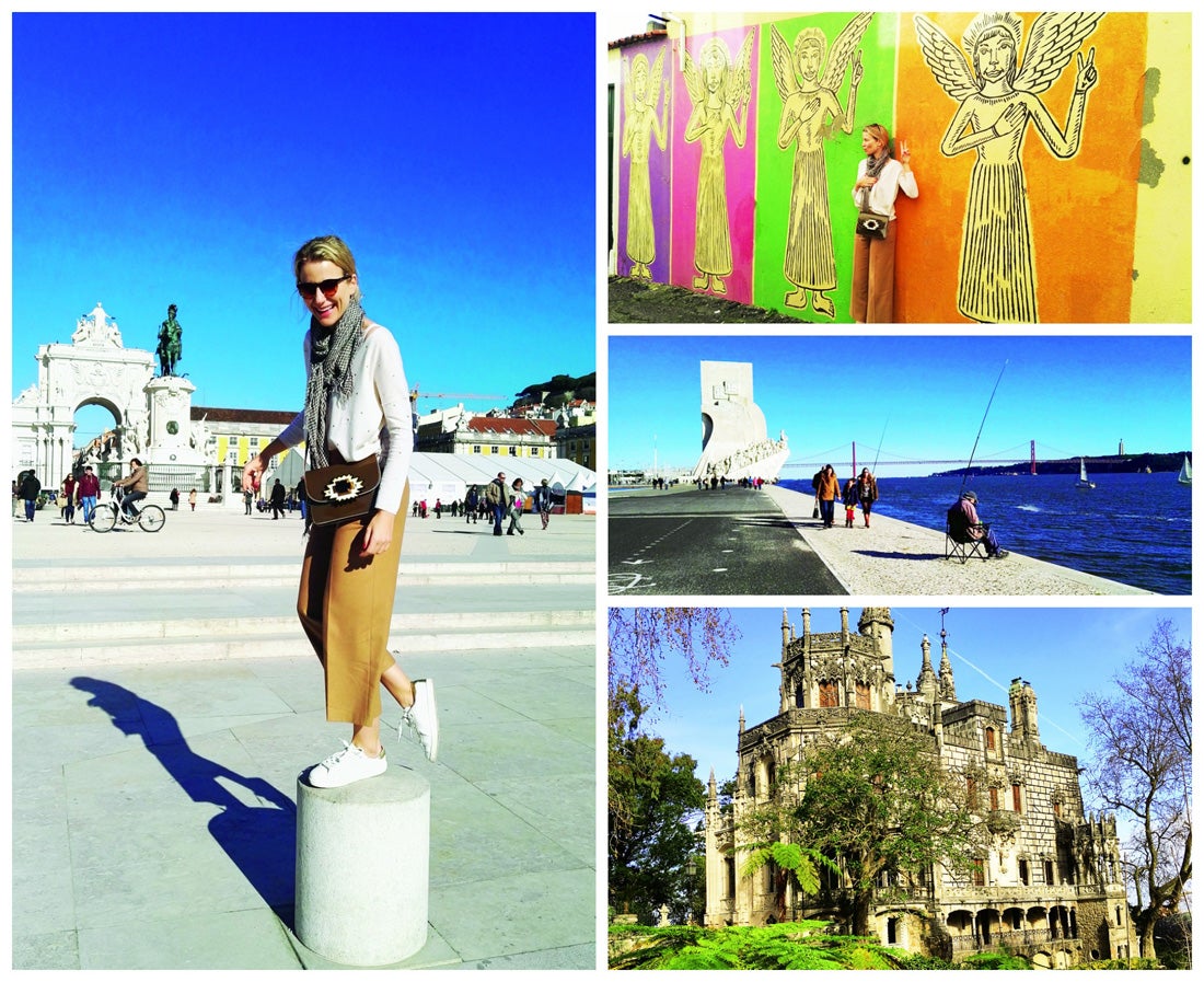 María en la Plaza del Comercio de Lisboa y la Quinta da Regaleira. Monumento a los Descubrimientos, en Belém.