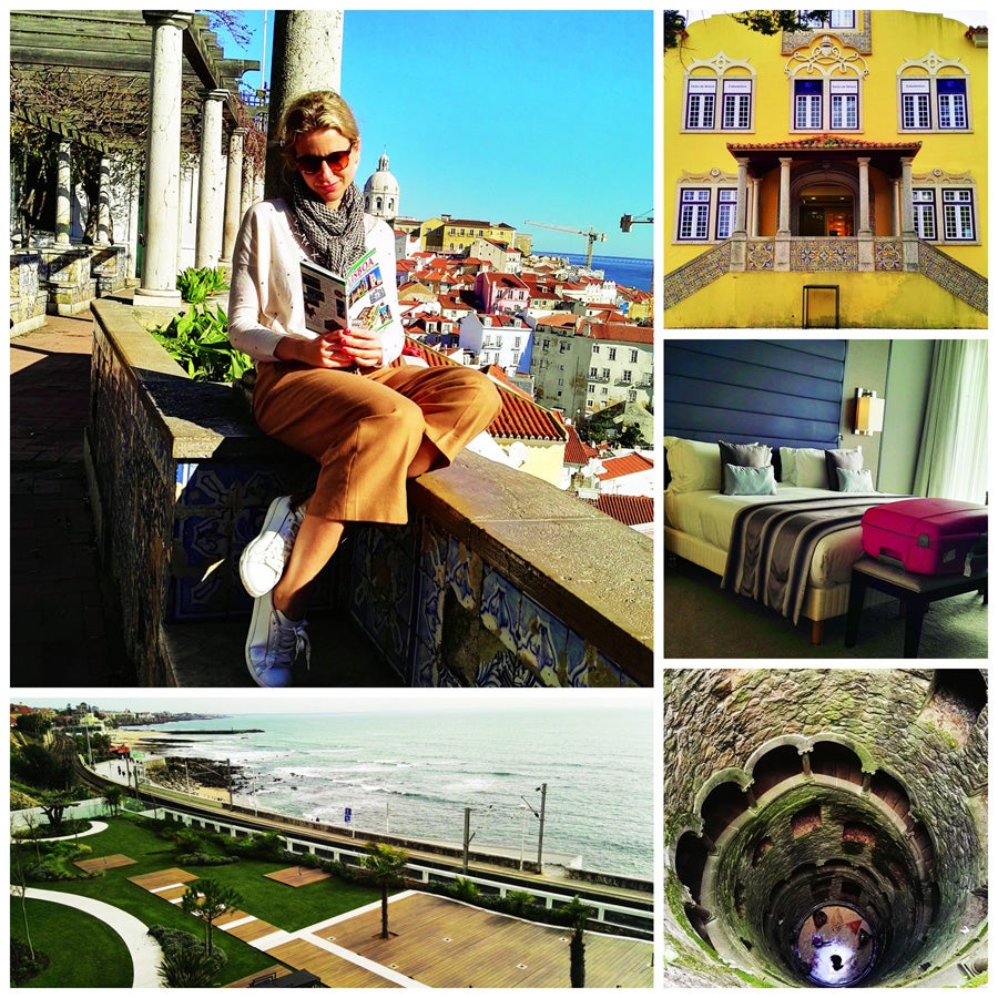 Con su pozo iniciático (arriba), usado en rituales masónicos, en Sintra. Habitación del Intercontinental Estoril. El mirador de Santa Lucía, en Lisboa. A la derecha, la Casa da Guia en Guincho, en la costa de Sintra, y playa de Estoril.