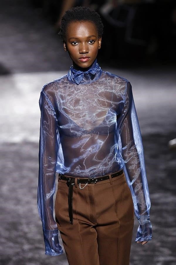 Blusa transparente de color azul combinado con pantalón marrón.