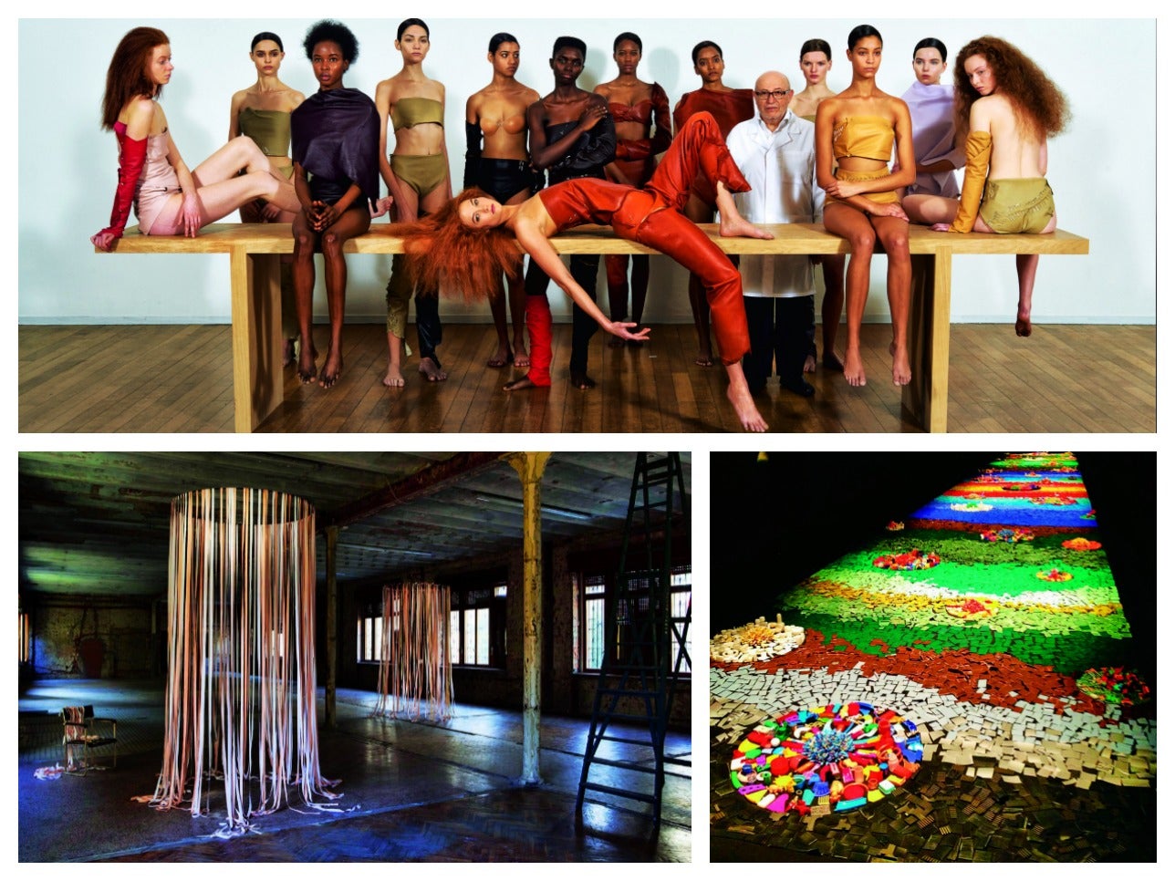 Es una relación simbiótica: la moda se beneficia del valor intelectual del arte y el arte, de la visibilidad y seguimiento masivo de la moda. Los desfiles de Milán han vuelto a demostrar que el acuerdo funciona. Tods hizo una performance que ha sido un éxito enorme en redes sociales. Marina Rinaldi, fiel a estas colaboraciones, optó por una instalación con cintas en las que mujeres con tallas grandes escribían sobre la relación con su cuerpo. Cada vez más marcas optan por la fusión. (Arriba, performance de Vanessa Beecroft en el desfile de Tods. A la izda., instalación de Claudia Losi para Marina Rinaldi y pasarela de plástico de Cateno Sanalitro para Costume National).