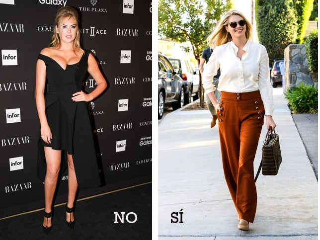 Las camisas son una de las prendas aliadas de las mujeres con mucho pecho. En el día a día, Kate Upton apuesta por ellas con pantalones de talle alto de forma acertada, pero la noche se rinde ante los vestidos más atrevidos pecando de excesiva.