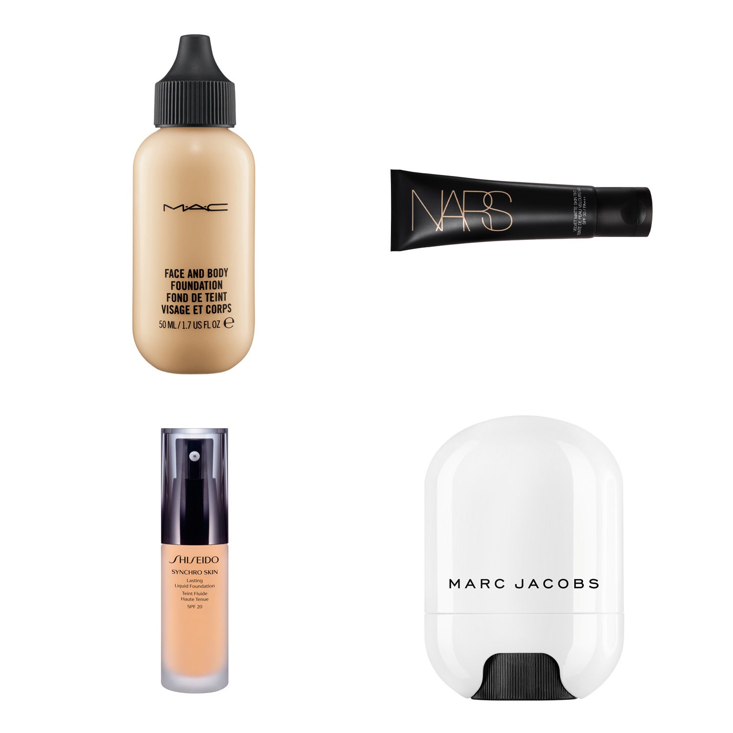 Face and Body Foundation de MAC (31€); Velvet Matte Skin Tint SPF 30 de Nars (39€); Fondo de maquillaje Synchro Skin de Shiseido (49€); Color Correcting Stick Bright Now de Marc Jacobs (38€, en Sephora)