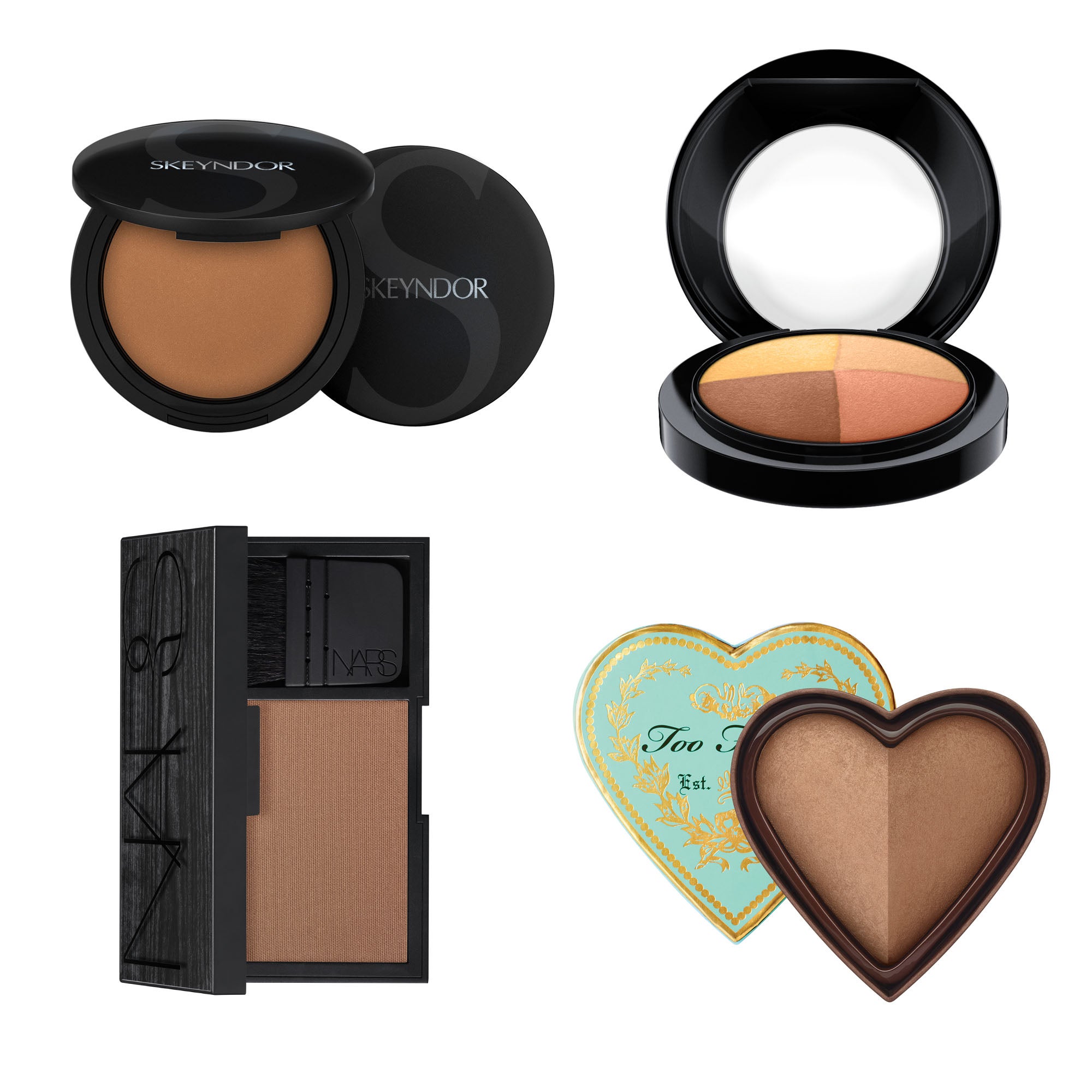 Healty Glow Bronzer SPF 15 de Skeyndor (28€); Skinfinish Pinwheels Natural Sunnyside de MAC (28,50€); Laguna Tiare Bronzer de Nars (47€); Polvos bronceadores Sweetheart de Too Faced (28,90€ en Sephora)