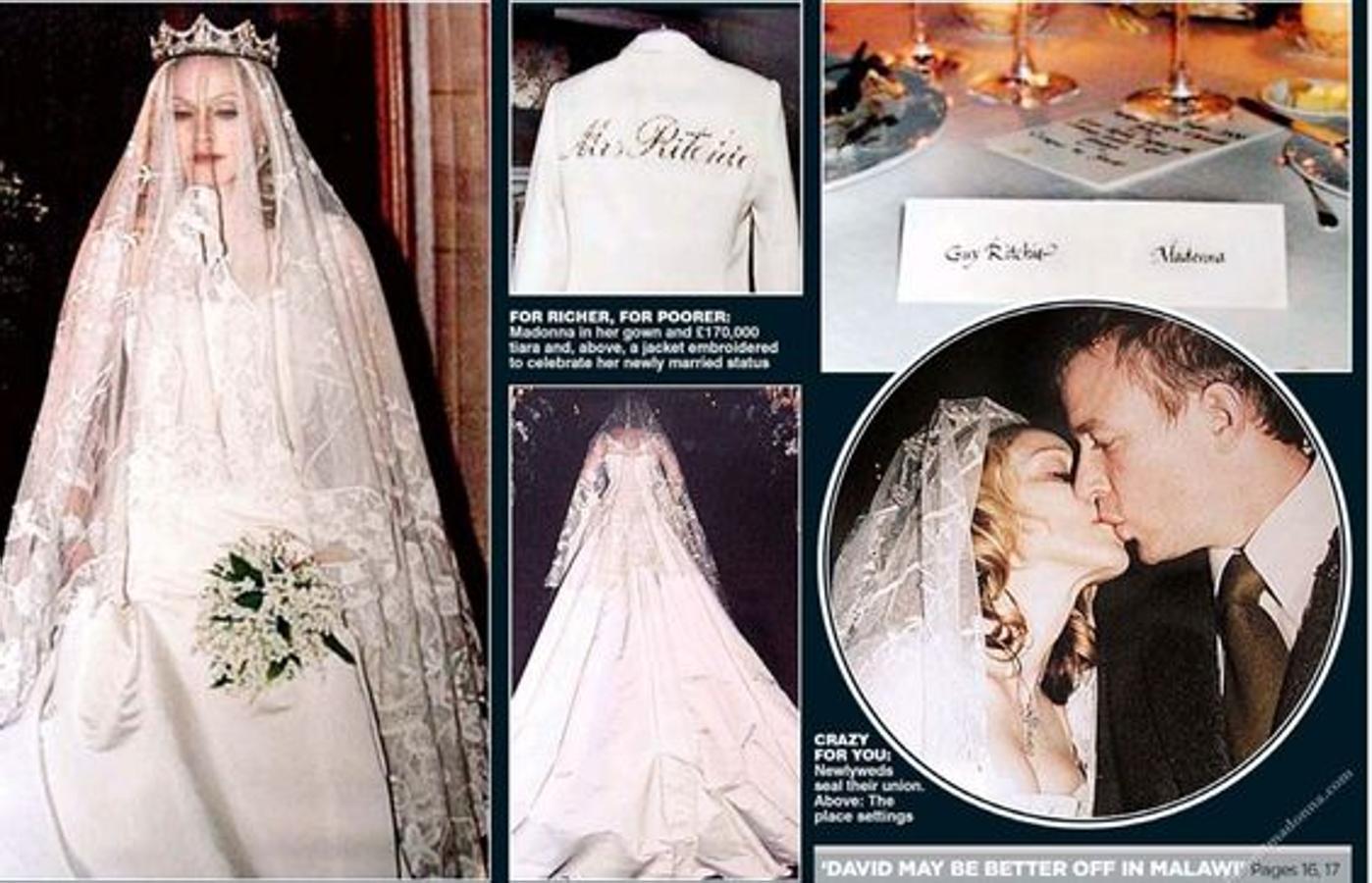 Para su enlace con Guy Ritchie, Madonna eligió a Stella McCartney para confeccionar un vestido que, si no fuera por un escote con demasiado 'push up', hubiera sido correcto. El problema venía con los complementos: del velo a la corona barroca o la 'biker' blanca con su nuevo apellido bordado a la espalda.