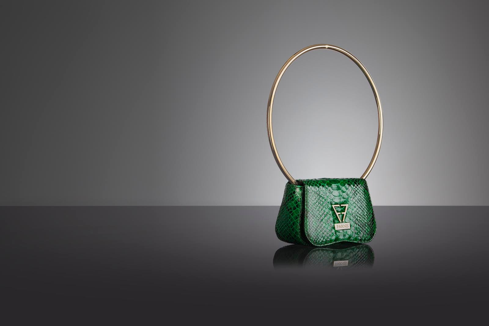 De piel en color verde y con un llamativo asa dorado, bolso deluxe de la firma española Farnis.