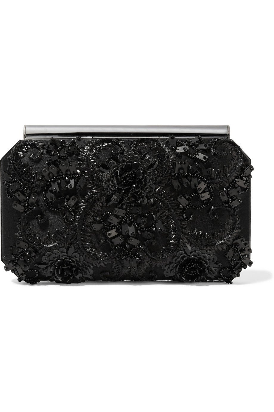 En color negro y con detalles de pailletes es este modelo de bolso de fiesta que nunca pasa de moda.