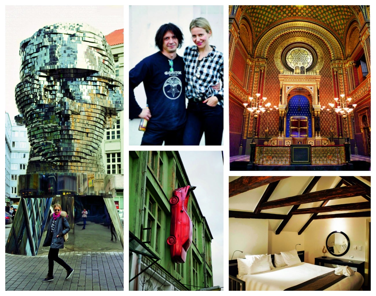 Izquierda, cabeza de Kafka, obra del artista David Cerny. A la derecha, interior de la Sinagoga Española, en el barrio de Josefov, y marionetas que se venden como recuerdo.