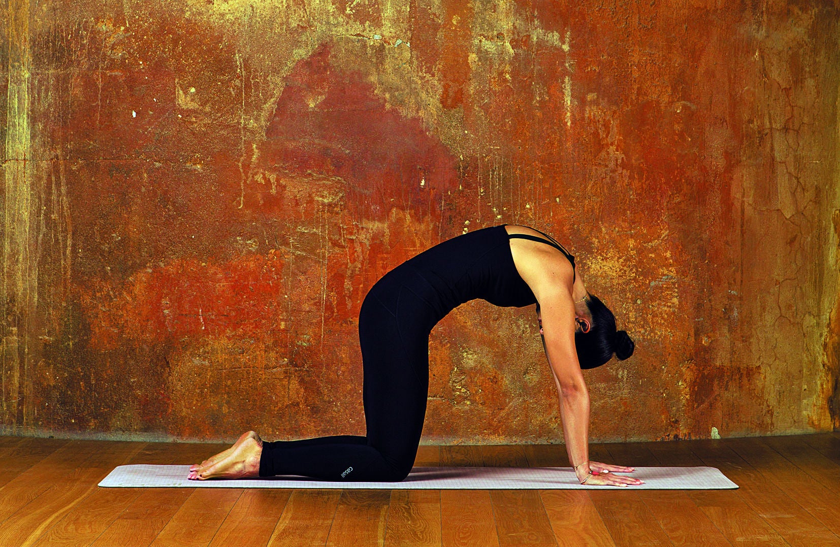 Como un gato. Partiendo de la postura anterior, al espirar, redondea la espalda separando los omóplatos y mirando hacia tu ombligo, contrayendo el abdomen y llevando el coxis hacia abajo. Repite este movimiento y el anterior ocho veces respetando la sincronización con la respiración. Palabra de experta. La combinación del gato-vaca te ayudará a estirar y aportar flexibilidad a toda la espalda al tiempo que mejora la circulación sanguínea a los riñones.