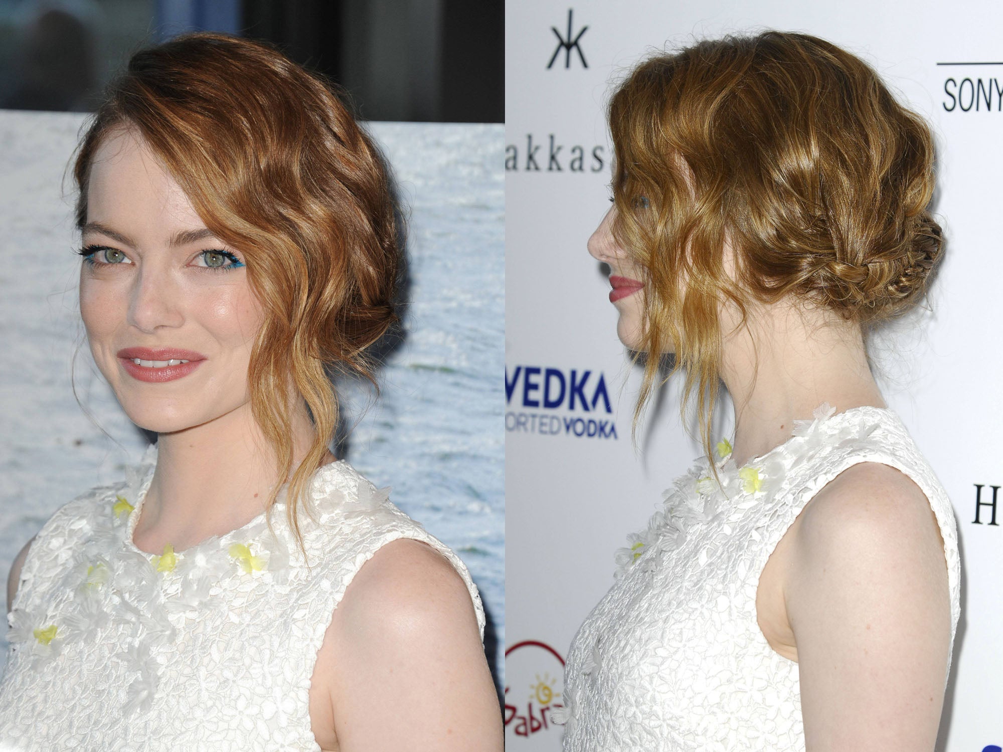Otro de los peinados que puedes hacerte si tienes un corte bob o media melena, es un semirrecogido lateral como el de Emma Stone. Recoge uno de los laterales con un moño bajo o una trenza y deja el otro suelto.