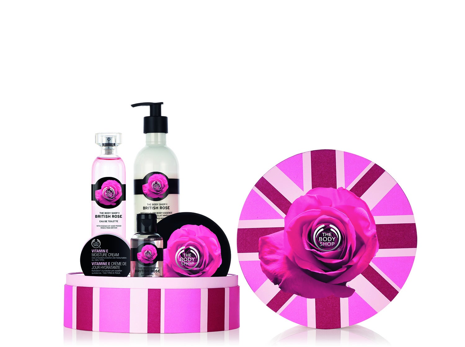 Selección de productos hechos a base de rosa que incluye loción corporal, agua de colonia, manteca corporal, body wash y crema de vitamina E (55€).