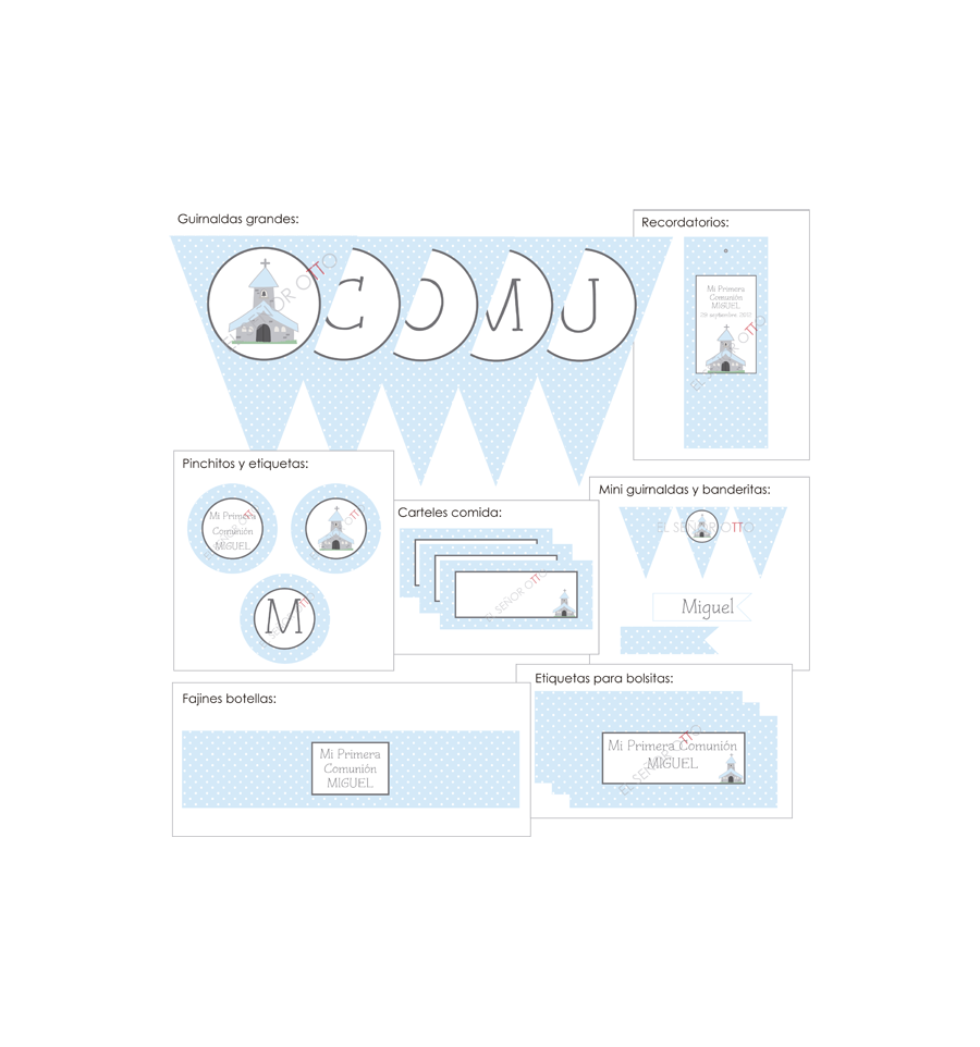 En la tienda de El señor Otto encontrarás este producto digital para que puedas preparar guirnaldas de diferentes tamaños, etiquetas, banderitas, carteles de seating, fajines, recordatorios y marca-páginas totalmente personalizado (Precio: 35.90 euros).