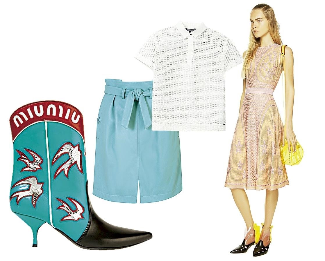 No se trata de imitar a la más exuberante Dolly Parton de los años 80, pero sí de emular su individualismo y la libertad a la hora de elegir. ¿Cómo? Con "cowgirl boots", que vuelven y se combinan con sencillos vestidos florales o con falda recta y camisa blanca. (Botines con golondrinas bordadas de Miu Miu; A juego con el bolso, de Missoni; falda de Topshop y camisa de Tommy Hilfiger)