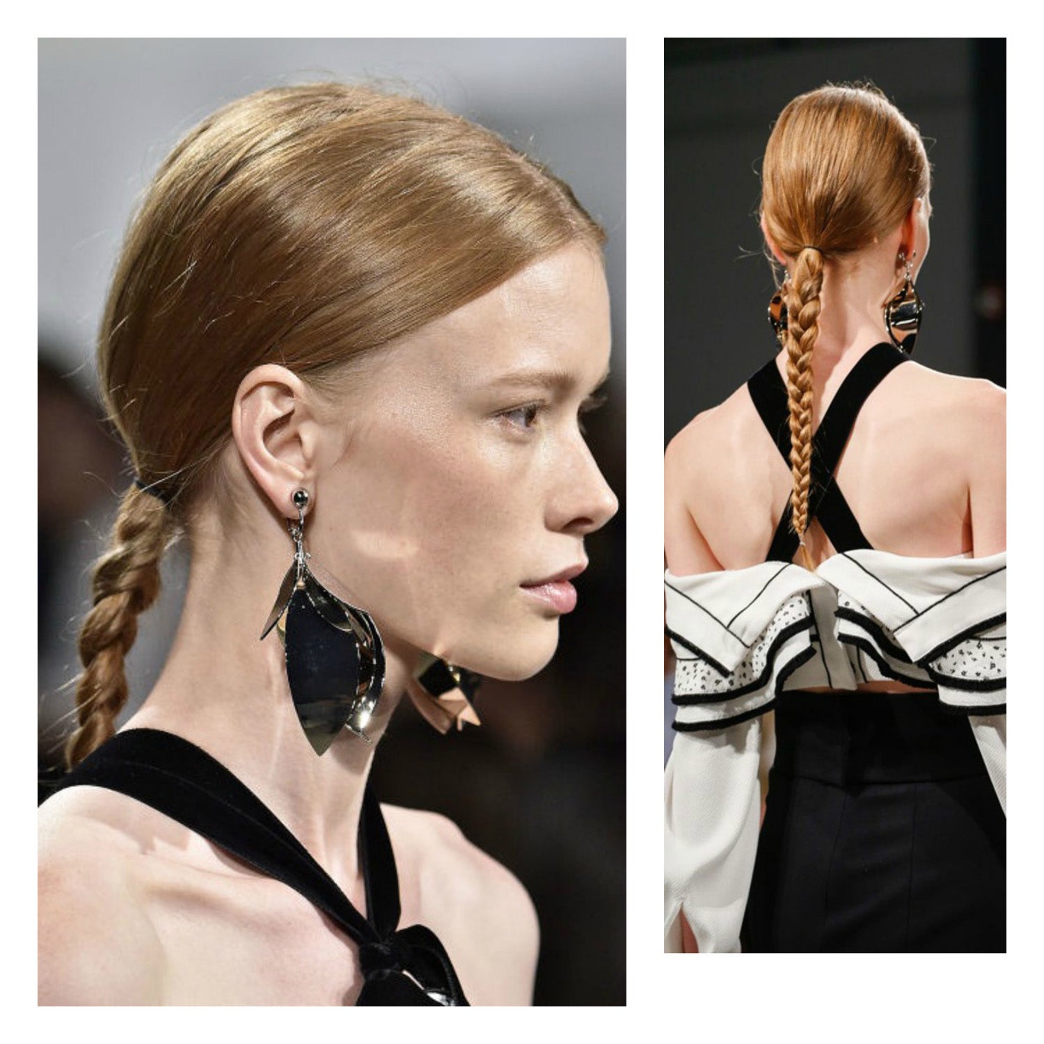 La más sencilla, la trenza básica de tres cabos hecha a partir de una coleta coleta bajada, peinada con raya en medio.