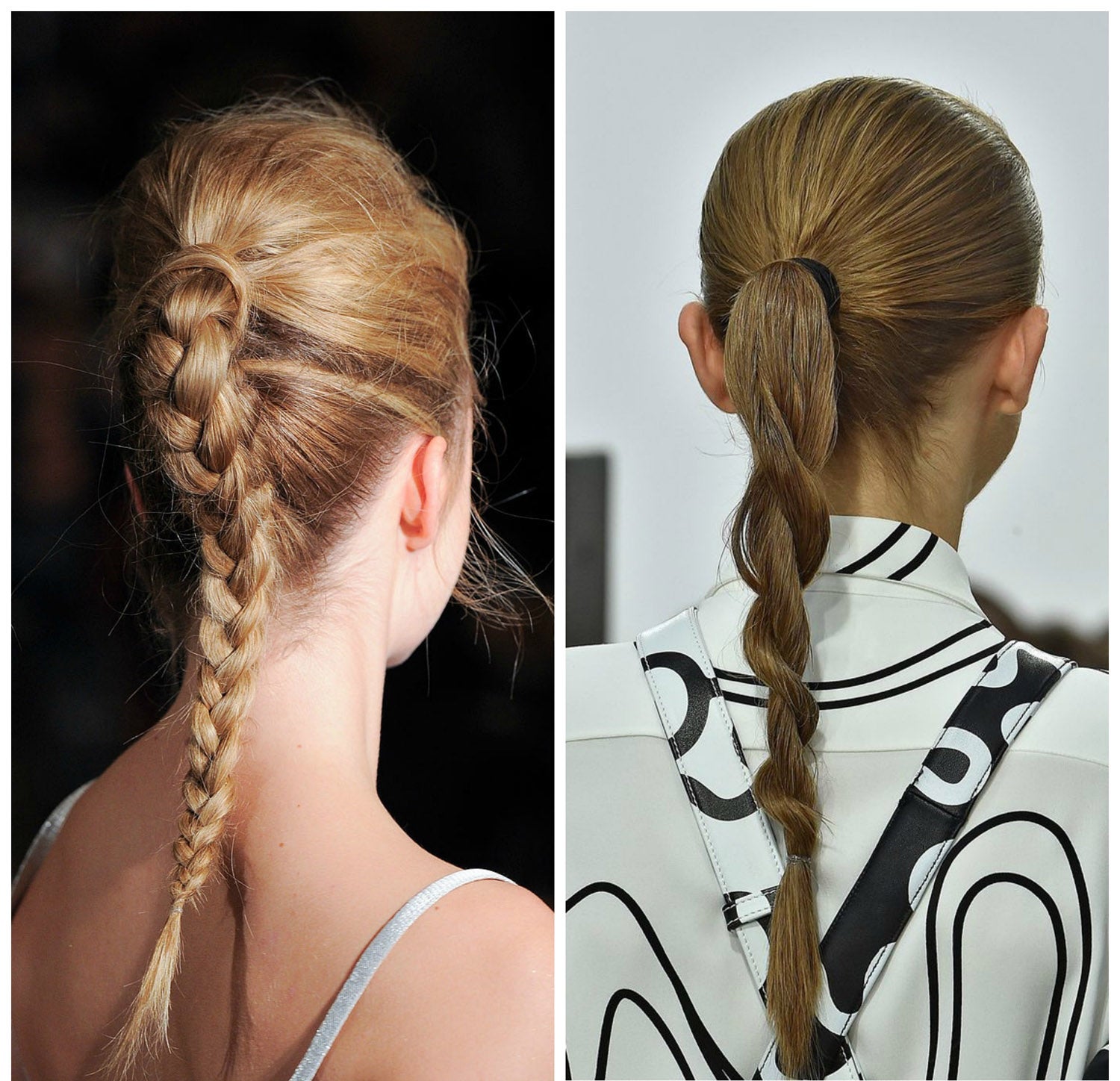 Dos estilos muy básicos de trenzado a partir de una coleta alta. A la derecha en el desfile de Céline, trenza de cordón. A la izquierda, JW Anderson presenta una coleta dividida en dos partes trenzadas.