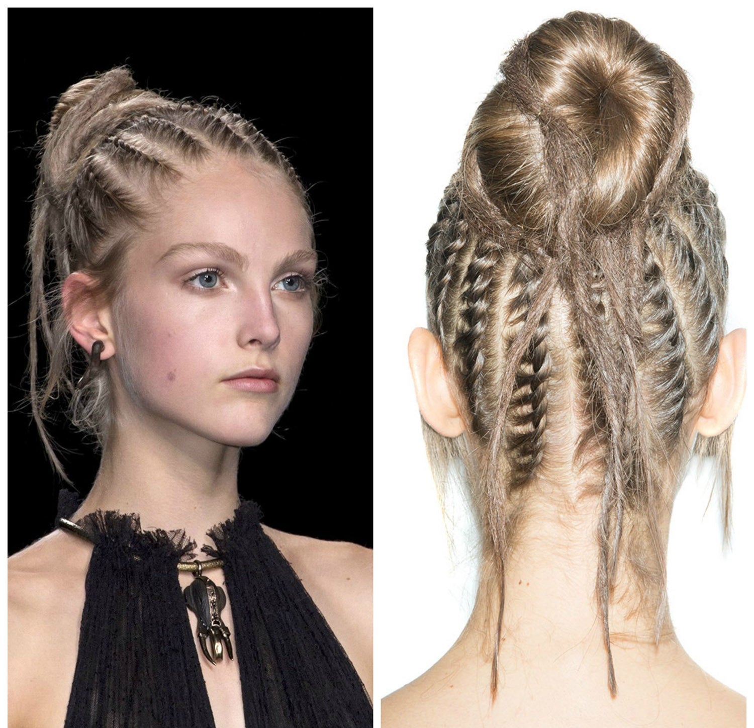 Inspiración étnica en un trenzado minucioso que se recoge en un moño alto.