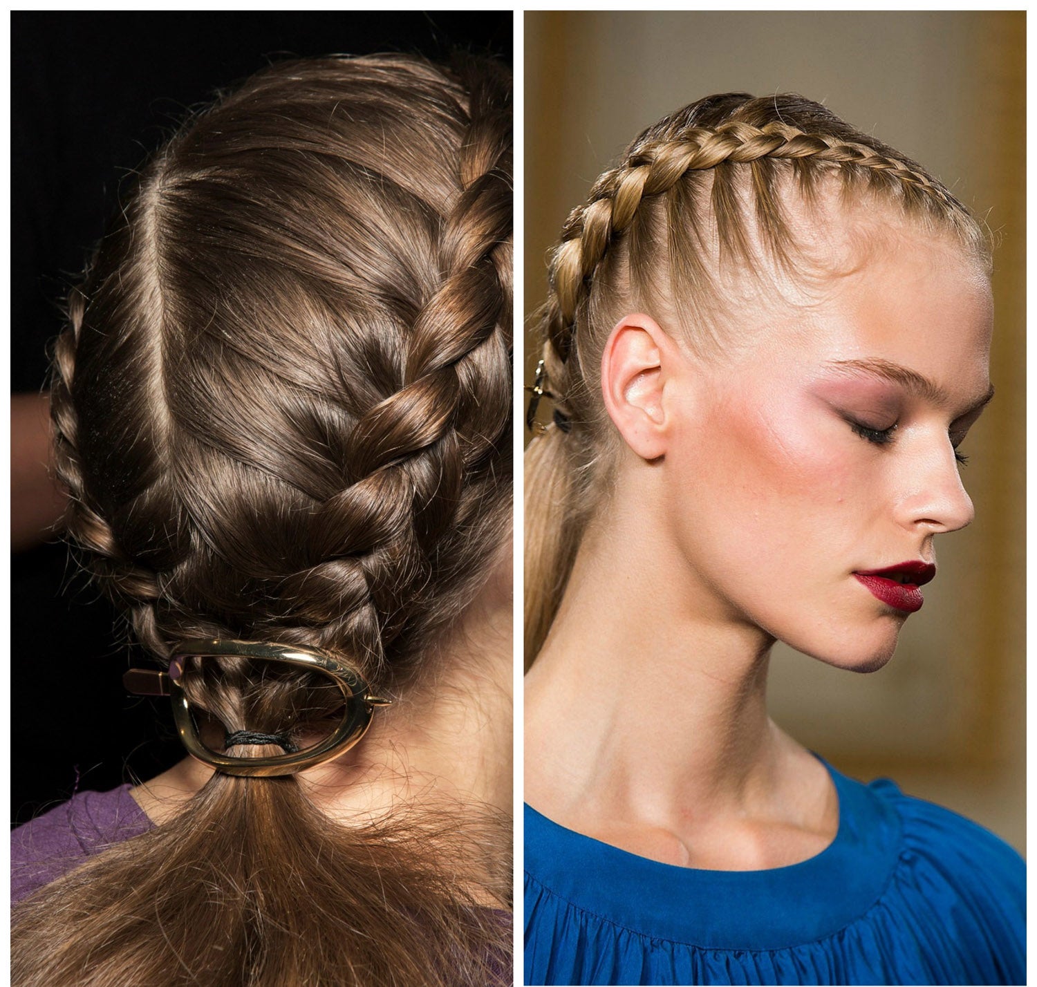 Dos trenzas holandesas se unen en la nuca y se sujetan con elástico sus cabos para añadirle un pasador.