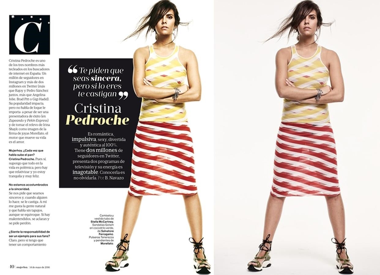 Con camiseta y vestido tubo de Stella McCartney, sandalias Gotam en cocodrilo verde de Salvatore Ferragamo, pulseras Tenerezza y pendientes de Morellato. Cristina Pedroche, en las páginas interiores del reportaje de Mujerhoy y en la fotografía original de la sesión. Estilismo de Gervasio Pérez.