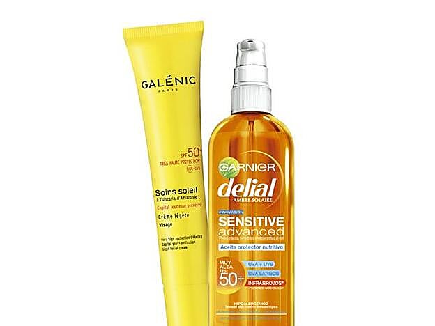 Soins Soleil Crema ligera de rostro SPF50+ de Galénic (15,54 €). Delial Aceite Sensitive Advanced SPF50 de Garnier (10,50 €).