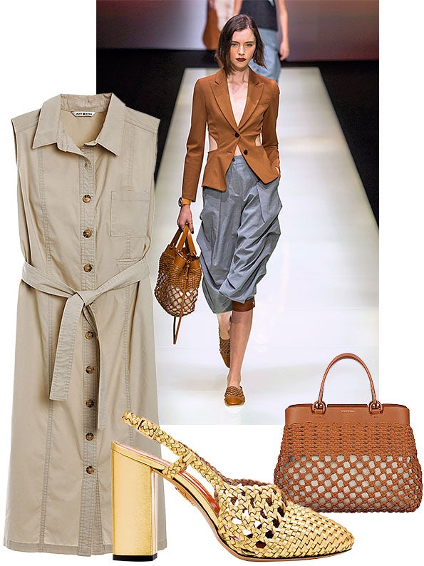 Tienen bolsos trenzados Stella McCartney, Moschino, Michael Kors y Armani, entre otros. Pero hay que lucirlos con zapatos a juego, que presentan Pons Quintana, Trussardi, Pikolinos... (Emporio Armani. Sandalia y bolso a juego, PUNT ROMA, E. Armani, Charlotte Olympia)