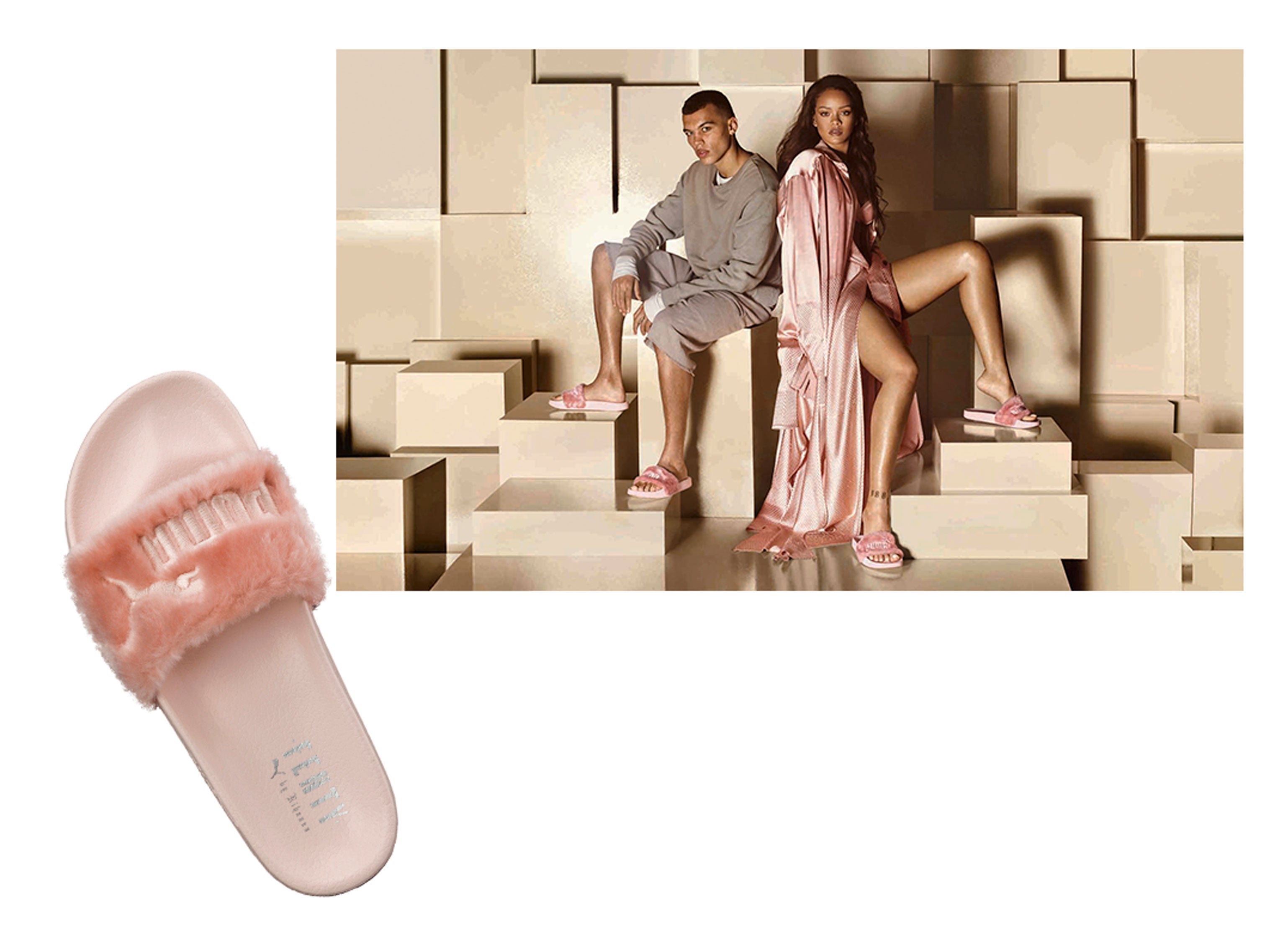 Te acordarás de cuando las llevabas exclusivamente en la ducha del vestuario del gimnasio o para no resbalar en la piscina. Olvídalo. Ahora las chanclas de goma (también habituales en el look de antiguo turista con calcetín) son un indiscutible "must have" del verano. Rihanna ha versionado el modelo clásico de Puma, el "Leadcat", con pelo sintético, plantilla acolchada y el logo de la firma, Fenty Puma by Rihanna. Desde que las ha presentado, la marca no ha dejado de recibir encargos sin parar, así que se comercializan tanto para mujer como para hombre en rosa y negro. E.M. (Unisex. Rihana posa junto a un modelo, con las Leadcat Fur Slide)