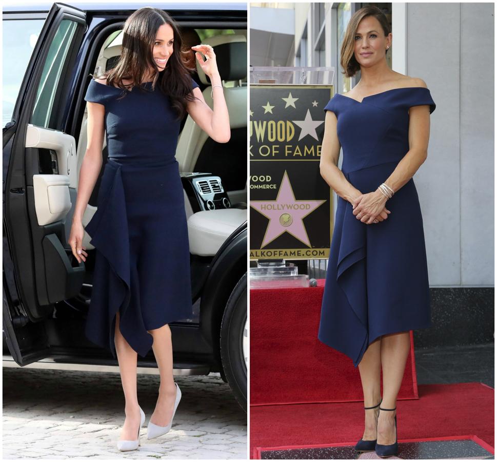 Meghan Markle es una dee las mayores prescriptoras de tendencias. Hoy por hoy es una de las mujeres mejores vestidas del mundo. En la imagen la duquesa de Sussex, un día antes de contraer matrimonio con el príncipe Harry. A la derecha, la actriz Jennifer Garner durante la develación de su estrella en el paseo de la fama de Hollywood. Ambas lucen el mismo vestido de Roland Mouret de 1.400 euros. ¿A quén le queda mejor?