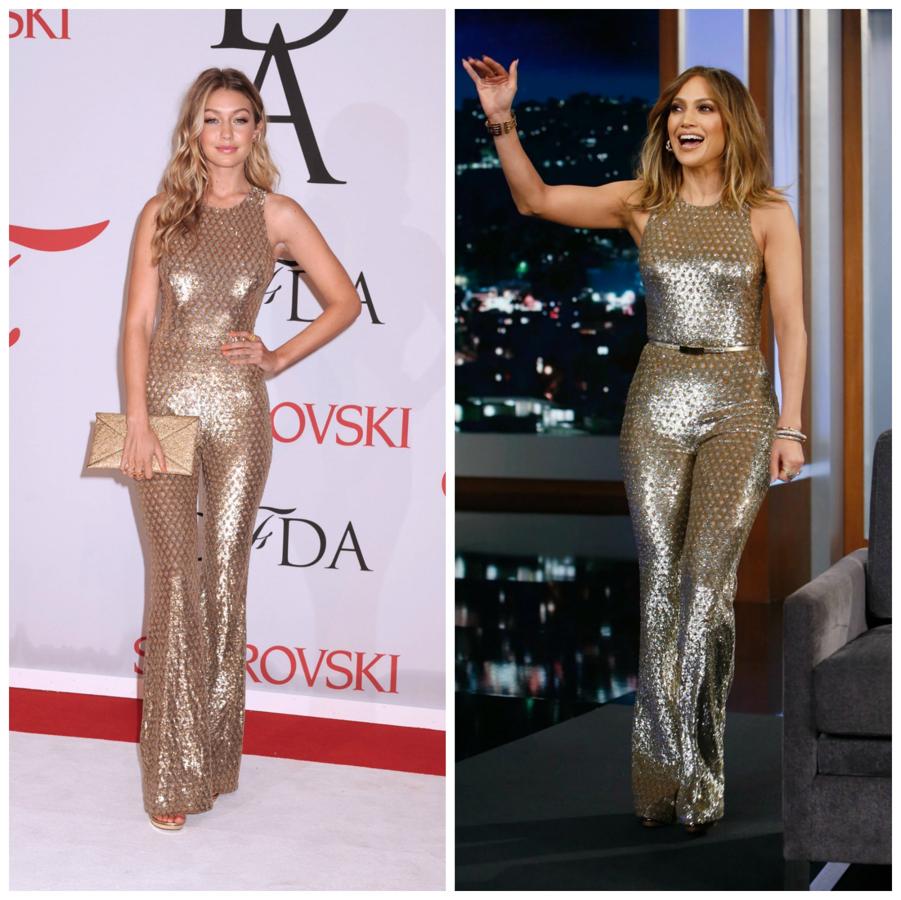Como si de 'Fiebre del sábado noche' se tratara, la modelo y la cantante eligieron el mismo mono dorado de Michael Kors para brillar (literalmente), una en los CFDA y otra en un 'late night'. Nos quedamos con Gigi.